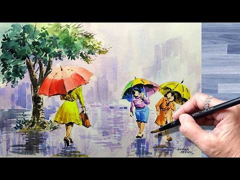 🎨 Rainy Day Monsoon Painting Watercolor Step-by-Step Tutorial with Audio | smaran chitra