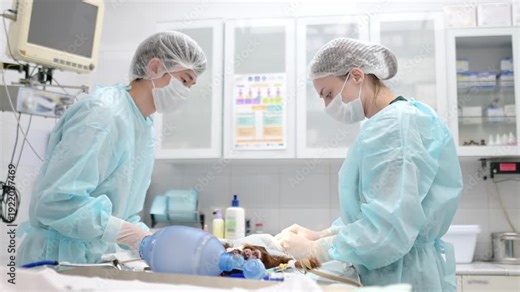 Veterinarians operating on a small dog in an operating room at a veterinary clinic. Veterinarians during treatment for an injury or surgery. Anesthesia and pain relief for animals