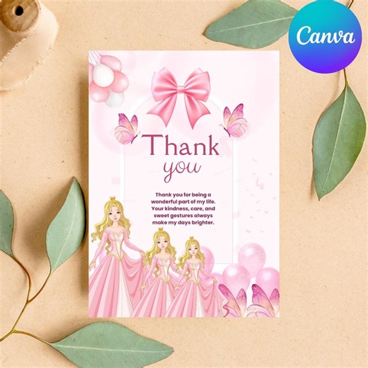 Personalized Princess Thank You Cards | Printable Birthday Party Favors for Girls | Editable Canva Template | Royal Princess Party - Etsy