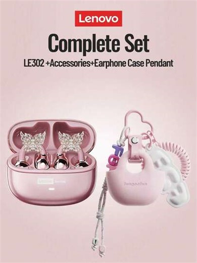 Ensemble casque Bluetooth mode Lenovo LE302 avec accessoires d'écouteurs papillon et étui de protection, écouteurs clip avec son surround, audio haute qualité, faible latence, annulation du bruit ENC, port confortable, convient comme accessoire boucle d'oreille à la mode et cadeau pour femmes | SHEIN
