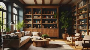 Home library with wooden furniture decoration, 4K seamless looping virtual video animation background