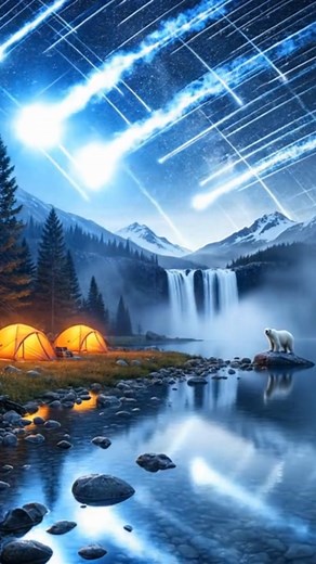 LEONIDS METEOR SHOWER PEAK — NOVEMBER 17–18 Witness one of nature’s greatest performances the Leonids meteor shower illuminating wild lakes and forest clearings in a blaze of blue-white fire. Beneath a sky alive with falling stars, golden tents glow on the grass while meteor trails shimmer on a lake’s mirror surface, and a curious polar bear joins the night’s awe. The gentle roar of a waterfall blends with the rush of wind and the distant call of wild birds; no music but nature’s own voice. The 