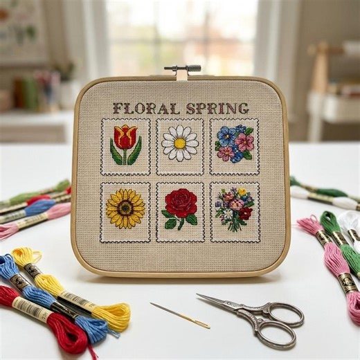 Spring Floral Sampler Cross Stitch | Tulips Daisies Sunflowers Postage Stamp PDF