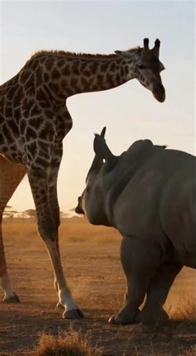 Giraffes and rhinoceroses fight over territory in the African savannah.