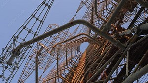 Duga horizon radar systems in Chernobyl, Ukraine. Soviet over-the-horizon military radar station also known as Russian woodpecker close up. Steel structure of Duga-1 from below.High quality 4k footage