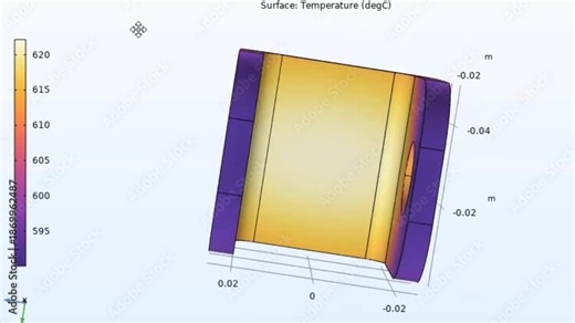 Video animation of computer 3d modeling of metal bracket with rotation. Thermal cad analysis. Investigation of temperature distribution on surface of steel mechanical part. Color graph of solids.