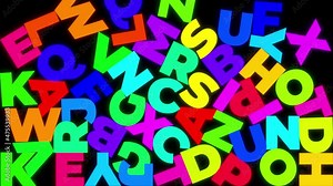 Neon glowing colorful alphabet letters falling from above and filling the entire black screen.