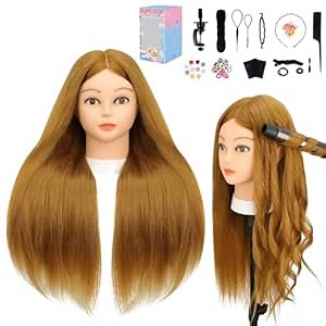 Mannequin Head with 70% Human Hair, 26" Light Brown Real Human Hair Training Head, Manikin Cosmetology Head with Clamp Holder & Tools, Practice Doll Head for Hair Styling, Braiding, Curling, Cutting