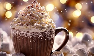 A Cozy Winter Delight: Indulge in a Festive Hot Chocolate Topped with Whipped Cream and Marshmallows