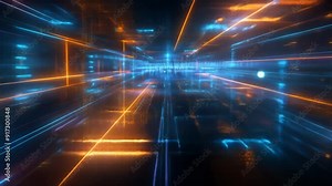 Futuristic digital corridor illuminated with vibrant blue and orange lights, creating a dynamic sense of movement and technology.