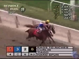 #ThrowbackThursday to 2007, when Rags to Riches delivered one of the greatest stretch runs of all-time, becoming the third filly in history to win the G1 Belmont Stakes! She was trained by Todd Pletcher with John Velazquez in the irons. 🏆🏇 2007 Belmont Stakes Order of Finish: 1. Rags to Riches 2. Curlin 3. Tiago 4. Hard Spun 5. C P West 6. Imawildandcrazyguy 7. Slew's Tizzy Check out all Rags to Riches career statistics and achievements: https://equibase.com/profiles/Results.cfm?type=Horse&ref