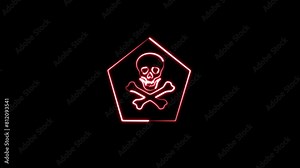Toxic sign animation. Neon glowing Skull and bones animation isolated on black background. Warning symbol. Poison, acid, toxic, caution icon.
