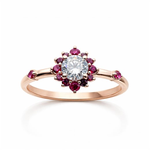 14K Gold Ruby Cluster Ring, Moissanite Center Stone, Diamond Accent Band, Dainty Minimalist Jewelry, Engagement Style, Gift for Her - Etsy