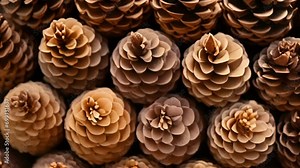 A series of pine cones lined up, each one displaying the unmistakable spiral pattern seen in the Fibonacci sequence.