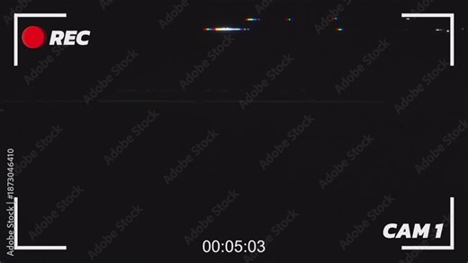 CCTV recording interface overlay with glitch effect, icons on a pure black background. surveillance camera footage, security system visuals, or digital monitoring effects. CAM 1.