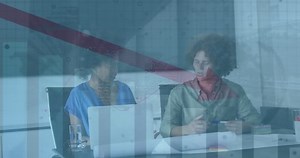 Animation of graphs, down arrow, globe, map, computer language, diverse coworkers discussing reports. Digital composite, multiple exposure, report, finance, coding, teamwork and technology concept.