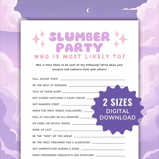 Slumber Party Who is Most Likely to Game, Printable Slumber Party Games for Girls, Tween Sleepover Games Teen Pajama Party Games Girls Night - Etsy