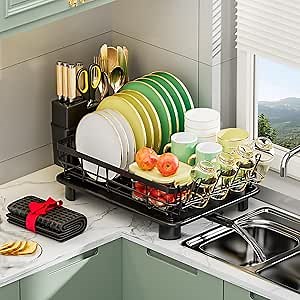 Dish Drying Rack for Kitchen Counter –Large Drainboard, 4 Slots for Plates, Knife & Fork Holder, Cup Organizer, Rotating Swivel Spout, Durable Black Coated Steel Design Easy Drainage for Dry &Tidy