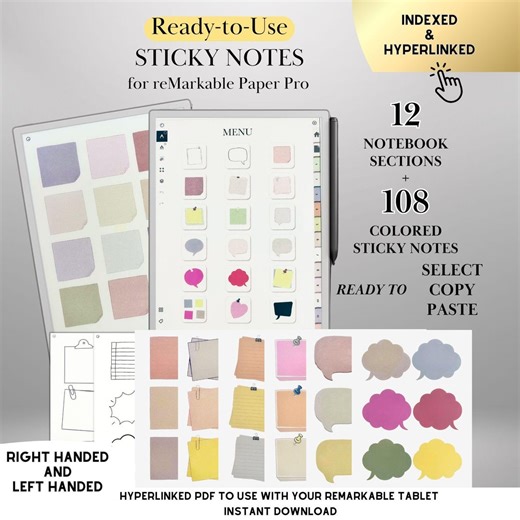 Copy Paste Sticky Notes Bundle for Remarkable Paper Pro Stickers Hyperlinked 12 Sections Notebook for E-ink Tablet - Etsy