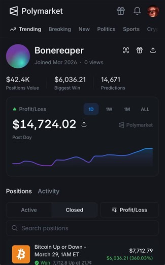 a Russian mathematician died in 1922.His math just made a bot $468,228 on Polymarket in 30 days.Andrey Markov never saw a prediction market.He built the exact tool to dominate them.[Bonereaper] runs BTC/ETH 1-hour windows.1,500-2,900 shares per trade. 14,671 trades total.Two conditions. Both must fire simultaneously:Δ = p̂ − q ≥ 0.05 -> gap exists.p(j*, j*) ≥ 0.87 -> state is stable.Both true? Position entered. Every minute. 24/7.The edge: humans sleep. Markets don't.At 3AM nobody watches a 5-mi