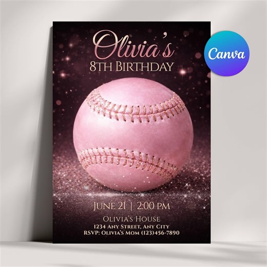Softball Birthday Invitation, Editable Softball Party Invite, Girls Pink Softball Theme, Instant Download, Canva Template, Sports Birthday