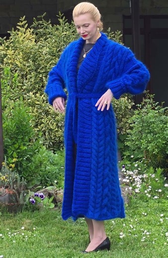 SuperTanya royal blue cable knit mohair long cardigan – handmade premium slow fashion coat