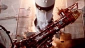 Slow motion Apollo 11 rocket blasting off from launch pad