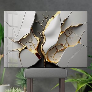 Kintsugi Tempered Glass Wall Art: Gold Veined Abstract Decor - Etsy