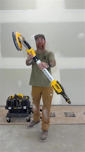 Some cordless Sanding with the Dewalt 20v 9” Drywall Sander paired with the FlexVolt 60v Dust Extractor on the Tstak 4 wheel cart. • What’s really nice about this setup is you can fly along without having to worry about tangling cords or switching plugs on a big job like this. • The Sander comes with a soft interface pad to help get the smoothest finish and the vac has dial filters that self clean. So you won’t get clogged or loose suction. • You can pair the two together with the wireless top c