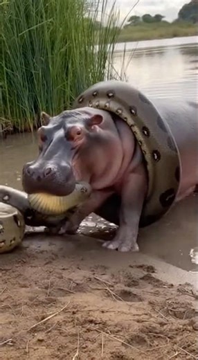 Anaconda contricts a hippo! 🐍 😱