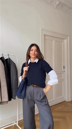 My comfy office uniform: Tailored pants, layers & retro sneakers #officewear #fashiontrends #ootd