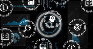 Business analytics and data processing animation over digital interface with icons