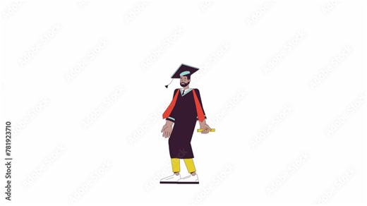 Jumping male student in graduation gown line 2D character animation. College ceremony flat color cartoon 4K video, alpha channel. Black man graduate holding diploma animated person on white background