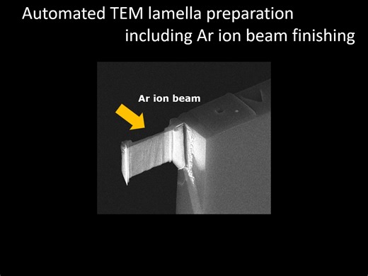 FIB processes for TEM sample prep from microsample extraction out of bulk sample to lamella thinning and eventually Ar ion beam finishing were automated using a FIB-SEM-Ar Triple Beam system. After Auto-Microsampling (in-situ lift out) and auto-thinning processes, Ar ion beam was automatically irradiated to reduce FIB-induced damage to realize unattended TEM lamella preparation. #Cu #CrystalOrientation #EBSD #GrainBoundary #FIB #SEM #FIBSEM #electronmicroscopy #ElectronMicroscope Available instr