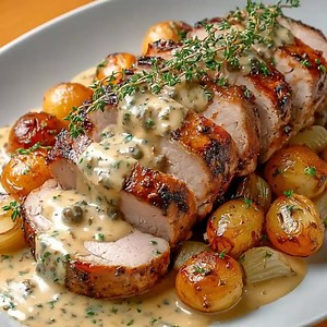 Roasted Pork Tenderloin Mignon with Aged Mustard and Melting Onions Ingredients Pork fillet mignon, about 1 kilo Three tablespoons of old-fashioned mustard Two tablespoons of Dijon mustard Four cloves of garlic, finely chopped Two large onions, thinly sliced Four tablespoons of olive oil One tablespoon of butter A sprig of thyme A small bay leaf Salt and freshly ground black pepper, to taste Instructions Preheat your oven to 375°F (190°C). Rub the pork fillet mignon with both kinds of mustard, c