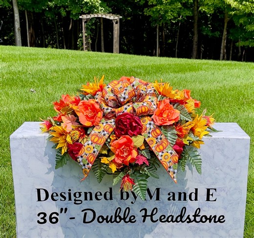 Orange Fall Cemetery Saddle: Silk Flower Headstone Arrangement - Etsy