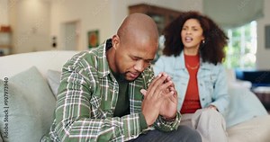 Man, ignore and woman on sofa with argument for communication problems, relationship issues and divorce. African couple, home and conflict on couch with emotional stress, toxic marriage and fight.