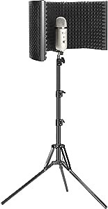 Microphone Isolation Shield with Stand [Curved Panel], Mic Stand with Isolation Shield for Blue Yeti/Shure MV7/SM7B/ATH2020 and Other Mics, High Density Absorbent Foam, Max Height 82 inch, by IDoon