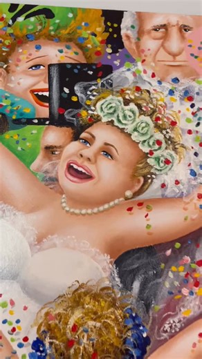 “The Wedding” Painted this just over 20 years ago, and took 3 weeks to paint. My goal was to capture the noise, chaos, pomp, and all the stereotypical people who gather for a wedding. Mother of the bride top right, mother of the groom top left, father of the bride under the bouquet, the gran (in comfortable footwear (ie: thongs due to a nasty fungal/bunion situation) lining up to catch the bouquet , two confused little nieces with hunger pains and sick of all the waiting around wondering what th