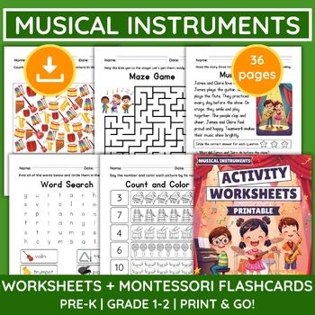 No Prep Fun Musical Instruments Activity Worksheets Flashcard Pre-K to Grade 1-2