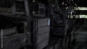 Chernobyl Exclusion Zone. Mink Cages in a Farm near Chernobyl Nuclear Power Plant. Medium Dolly Shot