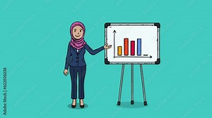 Young busineswoman standing at a flipchart. The flipchart shows a graph with data. Hand-drawn cartoon-style animation. 4k, hd quality video clip.
