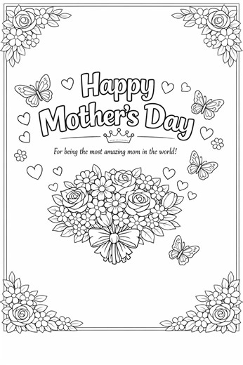 Mother’s Day Coloring Page • Printable Mother’s Day Card • Floral Coloring Sheet for Kids • Instant Download