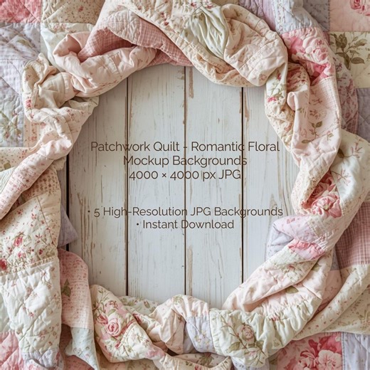 Romantic Floral Patchwork Quilt Mockup Backgrounds, Cottagecore Invitation Flatlay, Feminine Product Photo Display, Etsy Listing Pink Table - Etsy