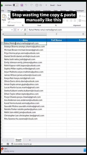 Komal Suryavanshi - Jadhav on Instagram: "Stop copy & paste manually in Excel! Let Flash Fill do the work in seconds ⏱️ 📌 Save & Share with your Excel friends 📊 Get 350+ Excel shortcuts + interactive sheet + FREE mobile PDF! 📩 DM me "Excel" now to grab yours! [Excel, Excel tips, Excel tricks, Excel hacks, Excel tutorials, ms excel, Spreadsheets, Ms excel tips, ms excel tricks, ms excel formula, Excel formula, Learn excel] . . . . #exceltricks #exceltips #excelhacks #msexcel #excelforbeginners