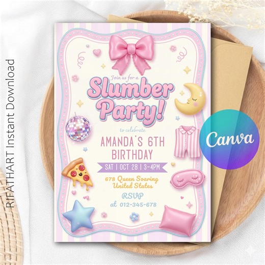 Slumber Party Birthday Invitation Template, Girls Sleepover Party Invite, Girls Night Slumber Party, Pajama Party, Editable Canva R577 - Etsy