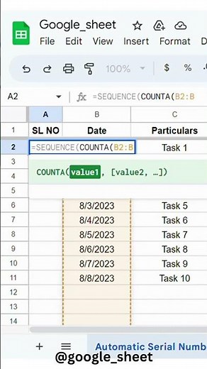 Automatic Serial Number Using a combination of SEQUENCE & COUNTA Function in Google Sheets