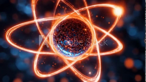 The glowing neon atom symbolizes futuristic science and technology, reflecting energy and innovation. 4k video