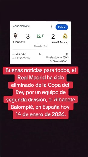 ###Buenas noticias para todos, el Real Madrid ha sido eliminado de la Copa del Rey por un equipo de segunda división, el Albacete, en España hoy 14 de enero de 2026.