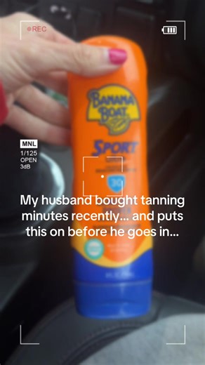 I talked my husband into tanning before we went on vacation (been trying to get him to do this for years). He decided he wanted to keep going when we got back so bought more minutes. I get in his truck and he’s been putting sunscreen on before he goes in! Lord help me with him! Lol #fyp #marriagehumor #mylifebelike #sunscreen #tanningsalon